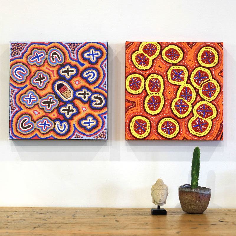 Aboriginal Artwork by Kaylisha Napaljarri Ross, Ngatijirri Jukurrpa (Budgerigar Dreaming), 30x30cm