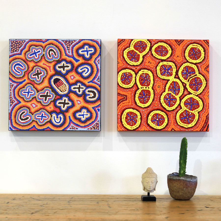 Aboriginal Artwork by Kenneth Jungarrayi Martin, Ngatijirri Jukurrpa (Budgerigar Dreaming), 30x30cm