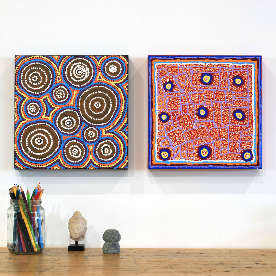 Aboriginal Artwork by Jenny Nangala Watson, Ngapa Jukurrpa (Water Dreaming) - Puyurru, 30x30cm
