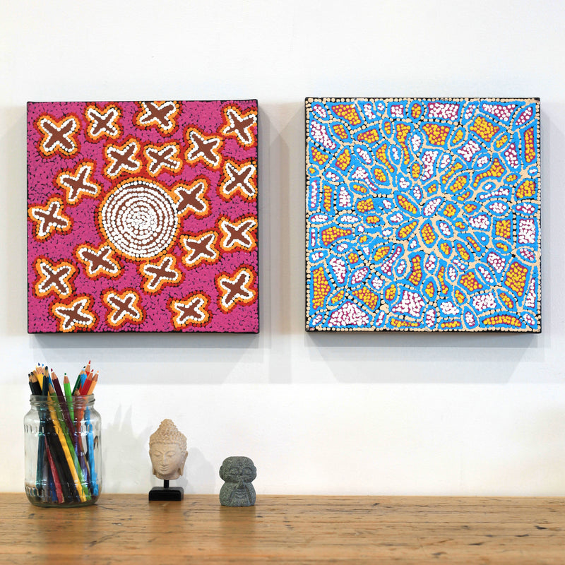 Aboriginal Artwork by Jerusha Nungarrayi Morris, Lukarrara Jukurrpa (Desert Fringe-rush Seed Dreaming), 30x30cm