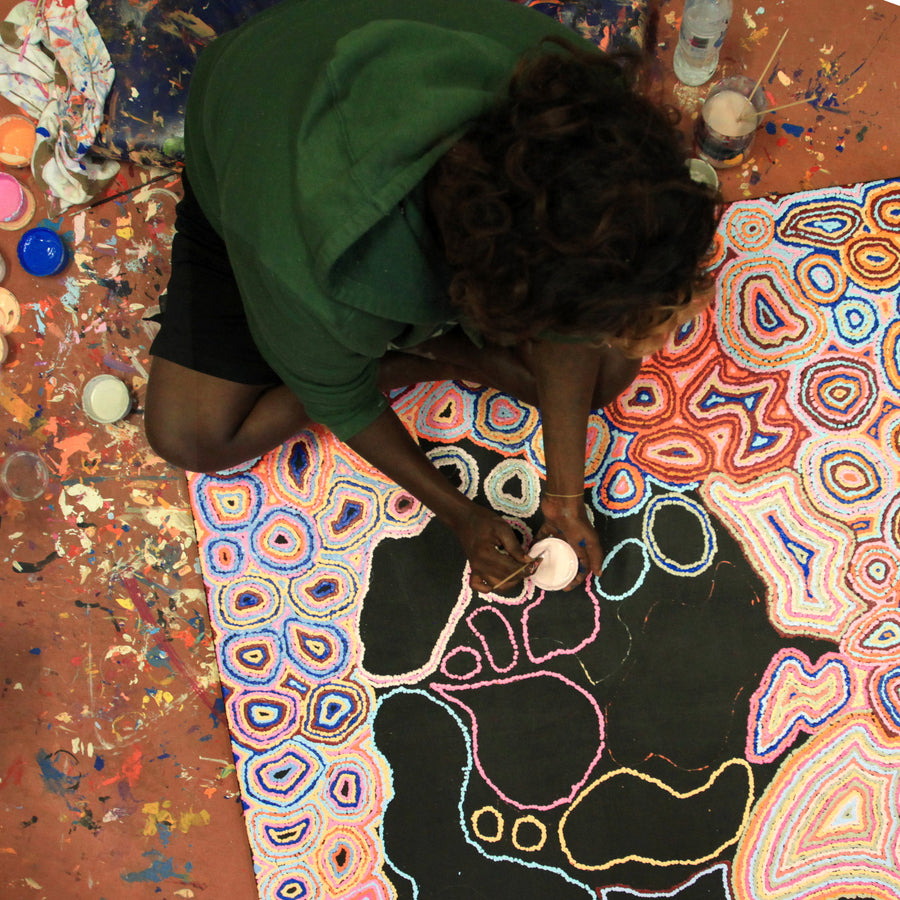 Aboriginal Artwork by Sarah Napaljarri Sims, Pikilyi Jukurrpa (Vaughan Springs Dreaming), 122x122cm
