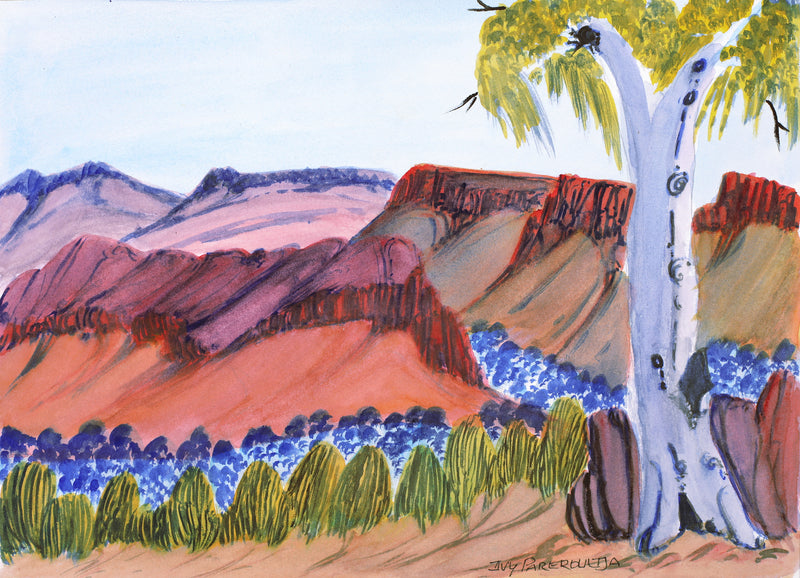 Aboriginal Artwork by Ivy Pareroultja, On the way to Glen Helen, 36x26cm