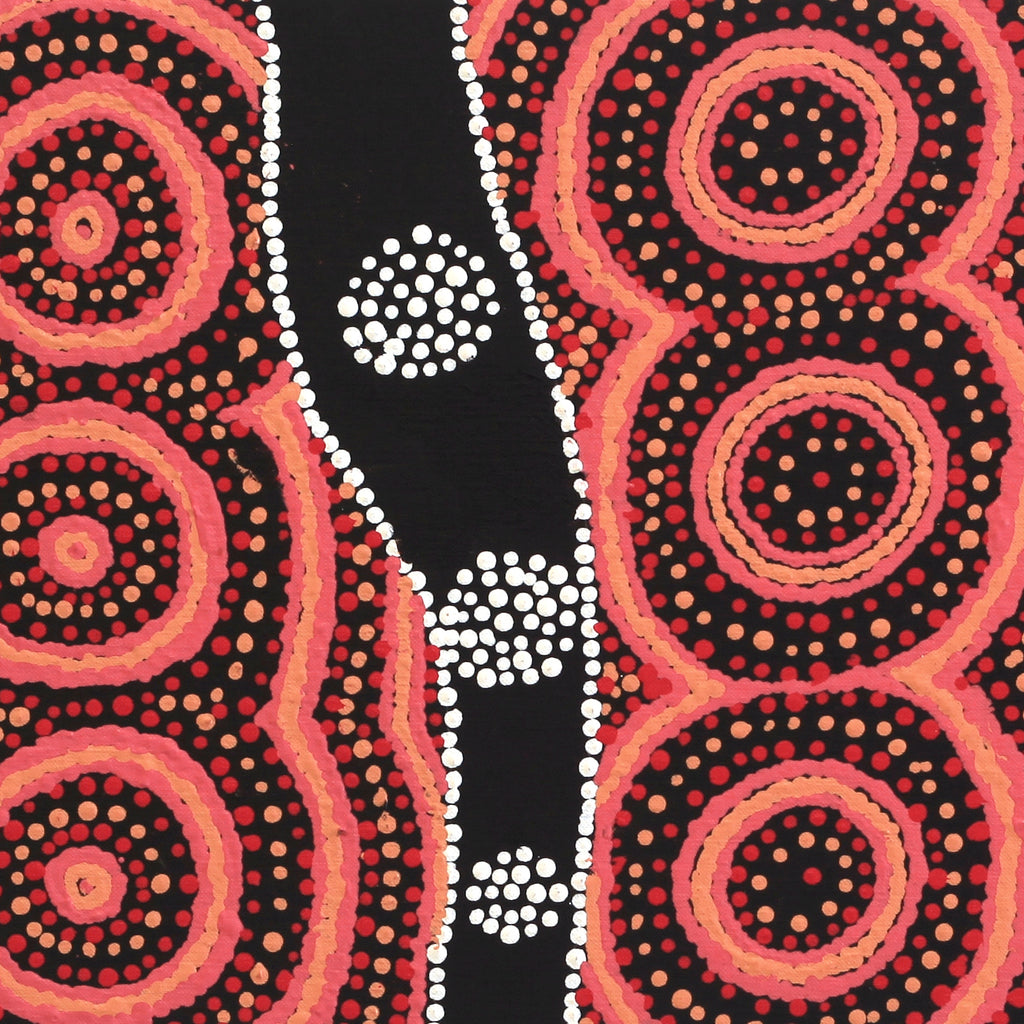 Aboriginal Artwork by Jamie Lee Nampijinpa Brown, Ngapa Jukurrpa (Water Dreaming) - Mikanji, 107x30cm
