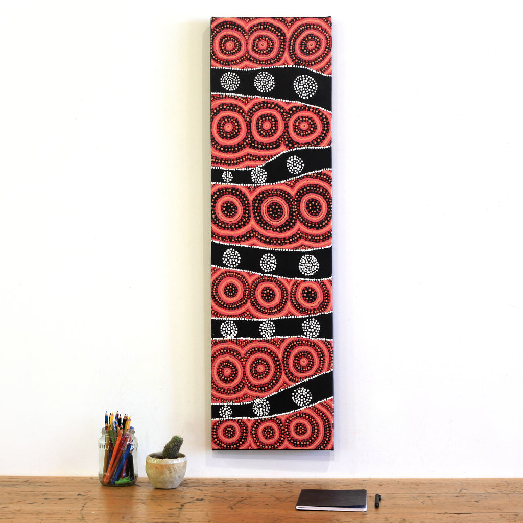 Aboriginal Artwork by Jamie Lee Nampijinpa Brown, Ngapa Jukurrpa (Water Dreaming) - Mikanji, 107x30cm