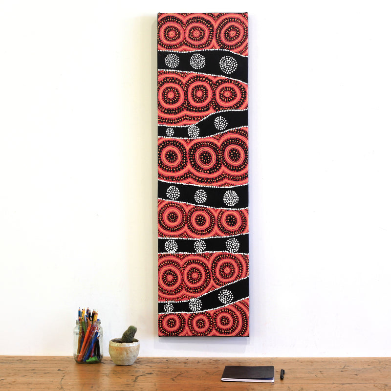 Aboriginal Artwork by Jamie Lee Nampijinpa Brown, Ngapa Jukurrpa (Water Dreaming) - Mikanji, 107x30cm
