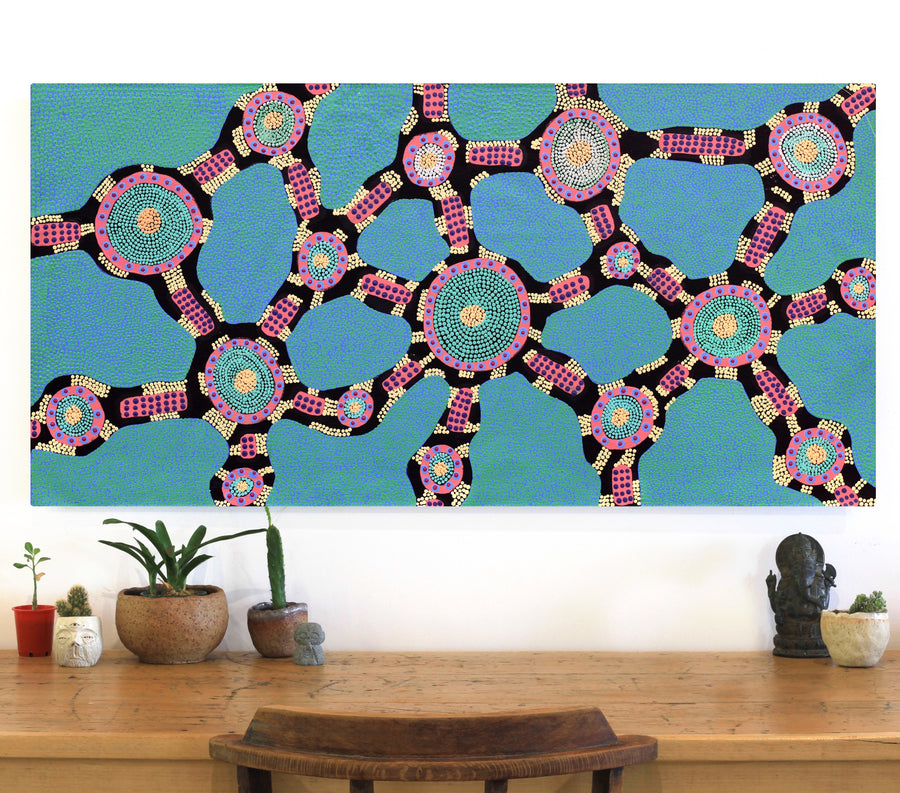 Aboriginal Artwork by Janet Napaljarri Herbert, Lukarrara Jukurrpa, 122x61cm