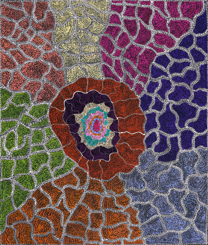 Aboriginal Artwork by Janie Napangardi Williams, Ngarlkirdi Jukurrpa (Witchetty Grub Dreaming), 107x91cm