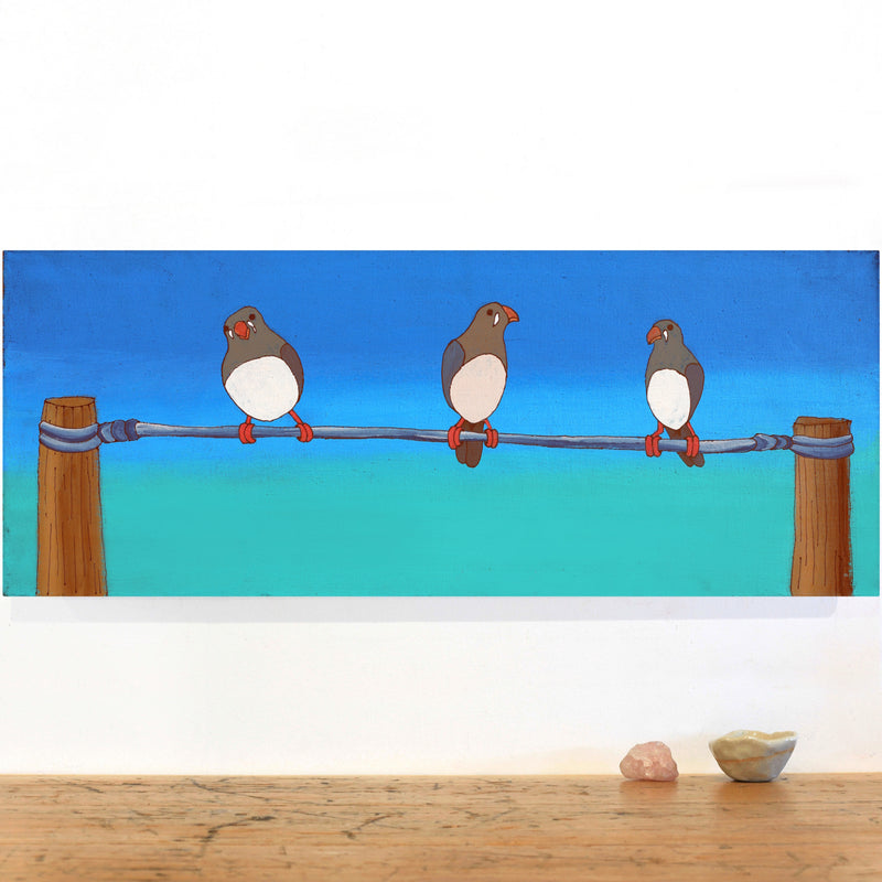 Aboriginal Artwork by Jason Japaljarri Woods, Jurlpu kuja kalu nyinami Yurntumu-wana (Birds that live around Yuendumu), 76x30cm