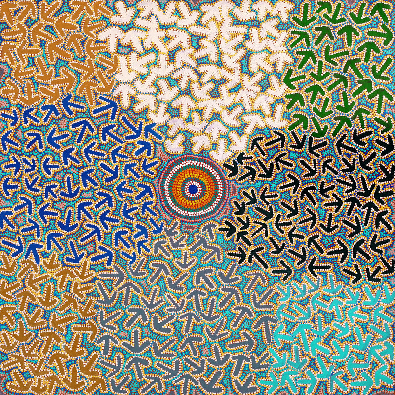 Aboriginal Artwork by Jeffrey Jangala Gallagher, Yankirri Jukurrpa (Emu Dreaming) - Ngarlikurlangu, 107x107cm
