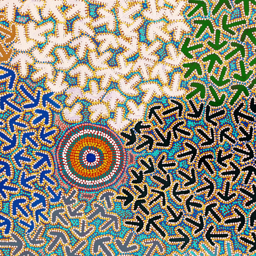 Aboriginal Artwork by Jeffrey Jangala Gallagher, Yankirri Jukurrpa (Emu Dreaming) - Ngarlikurlangu, 107x107cm