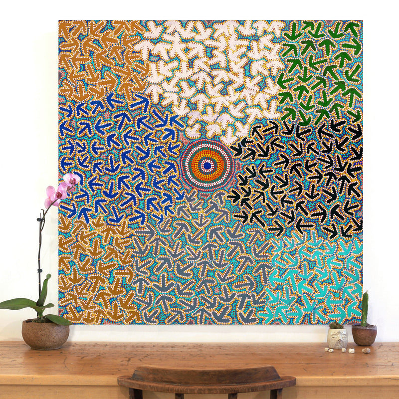 Aboriginal Artwork by Jeffrey Jangala Gallagher, Yankirri Jukurrpa (Emu Dreaming) - Ngarlikurlangu, 107x107cm