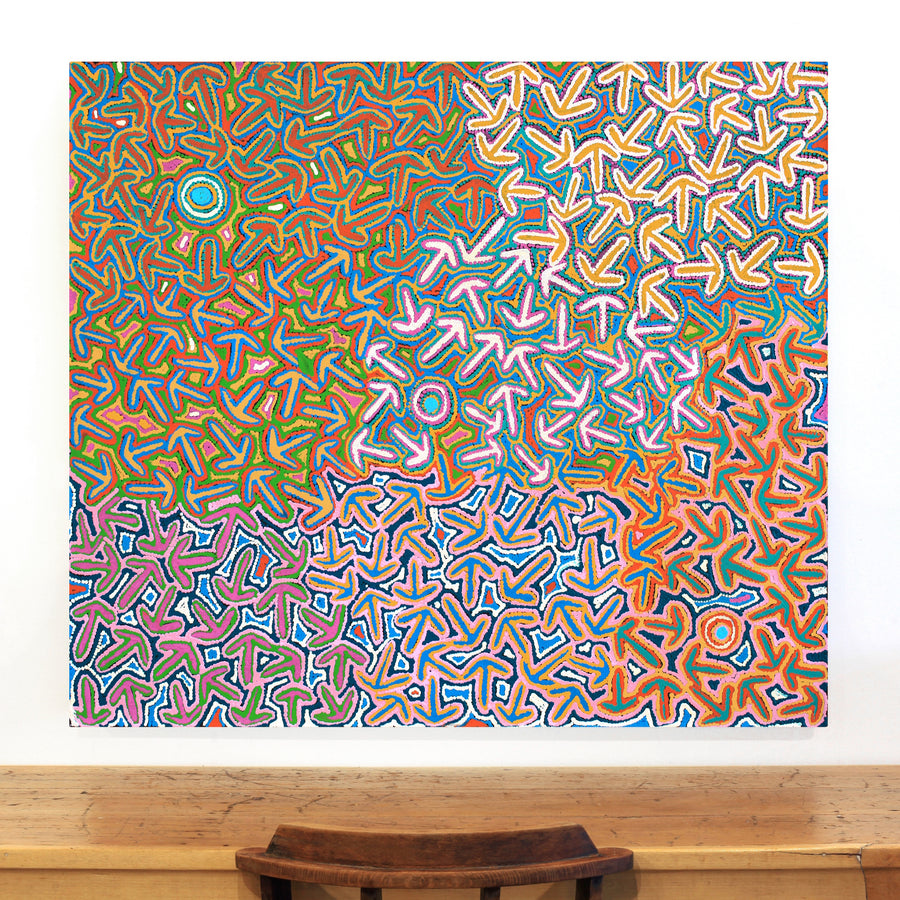 Aboriginal Artwork by Jeffrey Jangala Gallagher, Yankirri Jukurrpa (Emu Dreaming) - Ngarlikurlangu, 122x107cm