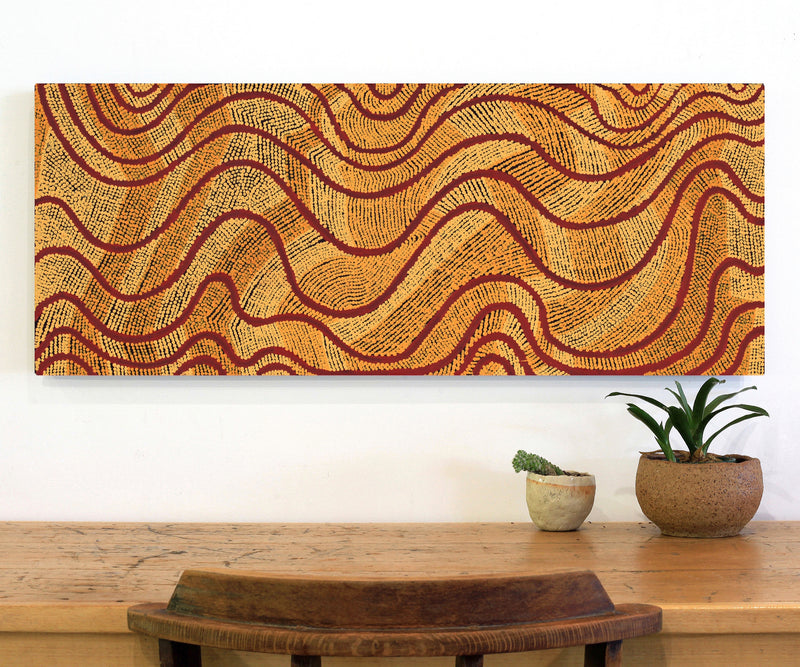 Aboriginal Artwork by Jeffrey Zimran, Tjilpi Kutju Tjukurrpa, 100x40cm