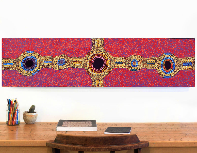 Aboriginal Artwork by Jennifer Napaljarri Lewis, Ngapa Jukurrpa (Water Dreaming) - Puyurru, 122x30cm