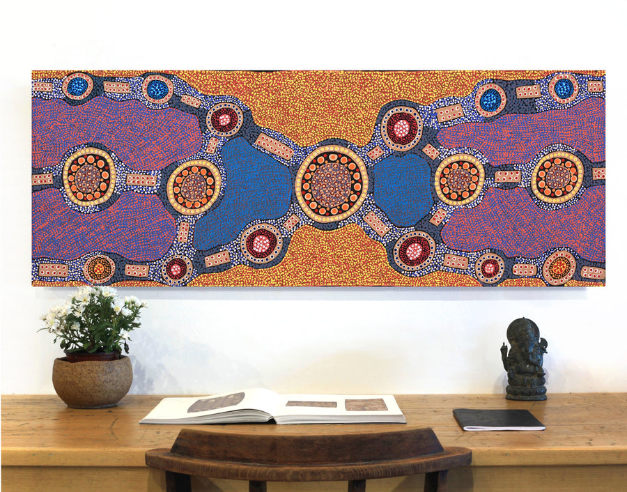 Aboriginal Artwork by Jennifer Napaljarri Lewis, Ngapa Jukurrpa (Water Dreaming) - Puyurru, 122x46cm