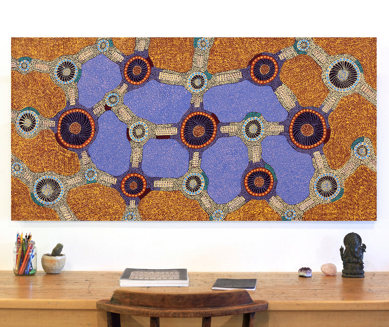 Aboriginal Artwork by Jennifer Napaljarri Lewis, Ngapa Jukurrpa (Water Dreaming) - Puyurru, 152x76cm