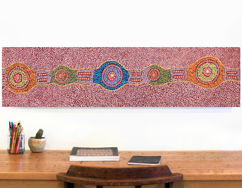 Aboriginal Artwork by Jennifer Napaljarri Lewis, Ngapa Jukurrpa (Water Dreaming) - Puyurru, 122x30cm