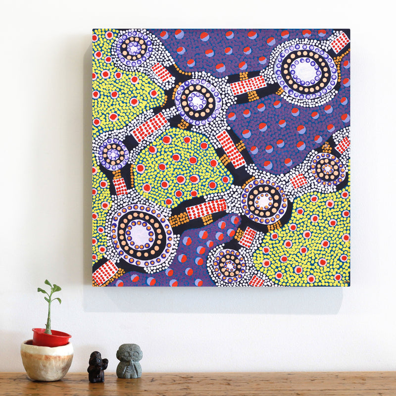 Aboriginal Artwork by Jennifer Napaljarri Lewis, Ngapa Jukurrpa (Water Dreaming) - Puyurru, 46x46cm