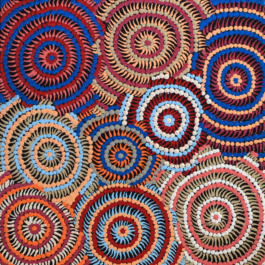 Aboriginal Artwork by Jerusha Nungarrayi Morris, Lukarrara Jukurrpa (Desert Fringe-rush Seed Dreaming), 30x30cm