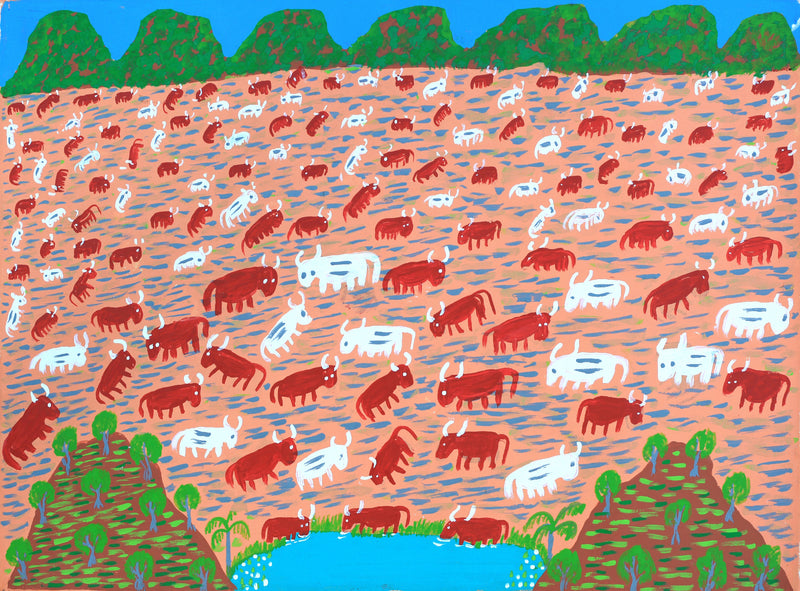 Aboriginal Artwork by Jill Daniels, Cattle drinking, 60x45cm