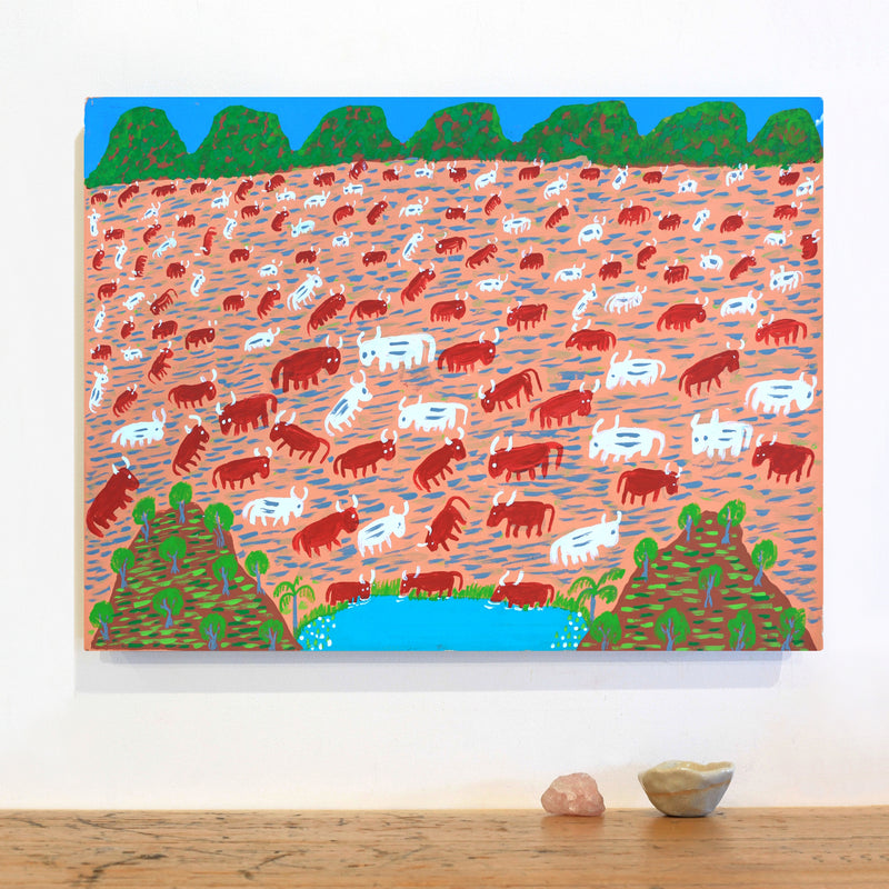 Aboriginal Artwork by Jill Daniels, Cattle drinking, 60x45cm
