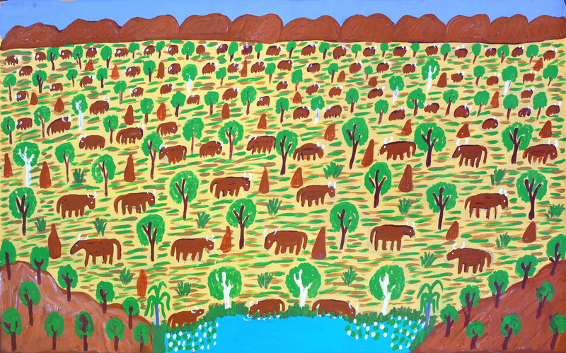 Aboriginal Artwork by Jill Daniels, Cattle, 65x40cm