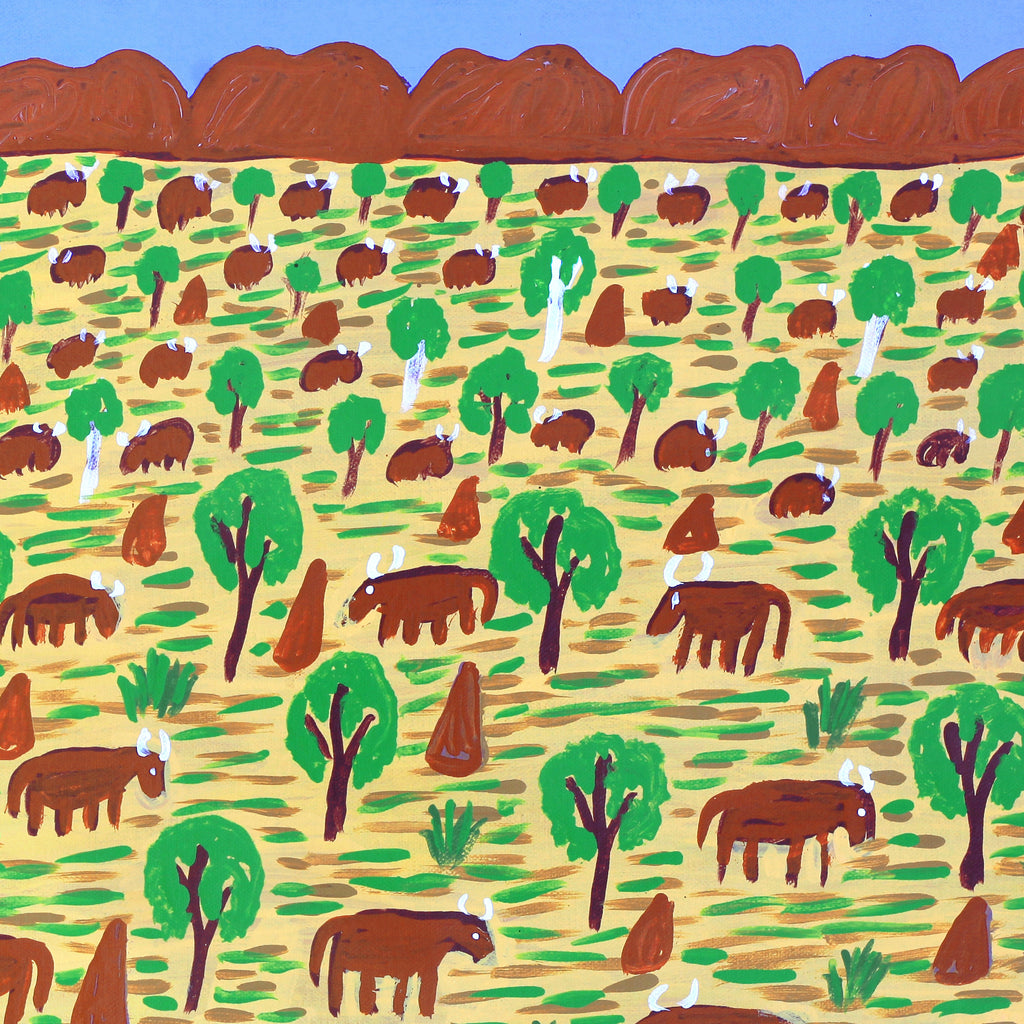 Aboriginal Artwork by Jill Daniels, Cattle, 65x40cm