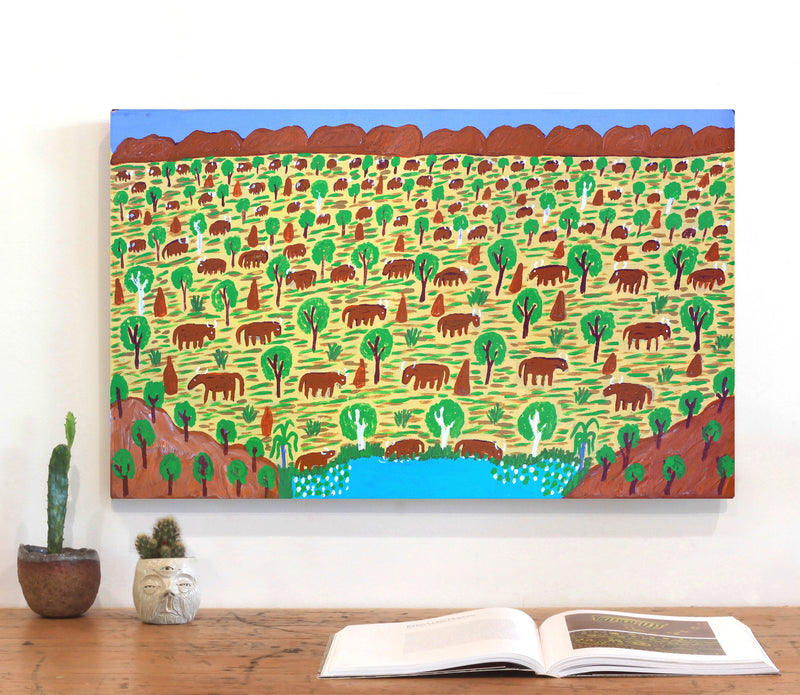 Aboriginal Artwork by Jill Daniels, Cattle, 65x40cm
