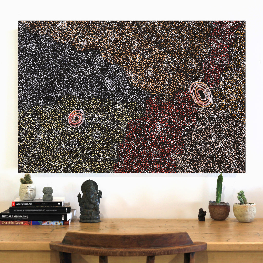 Aboriginal Artwork by Jillian Nampijinpa Brown, Ngapa Jukurrpa (Water Dreaming) - Mikanji, 91x61cm