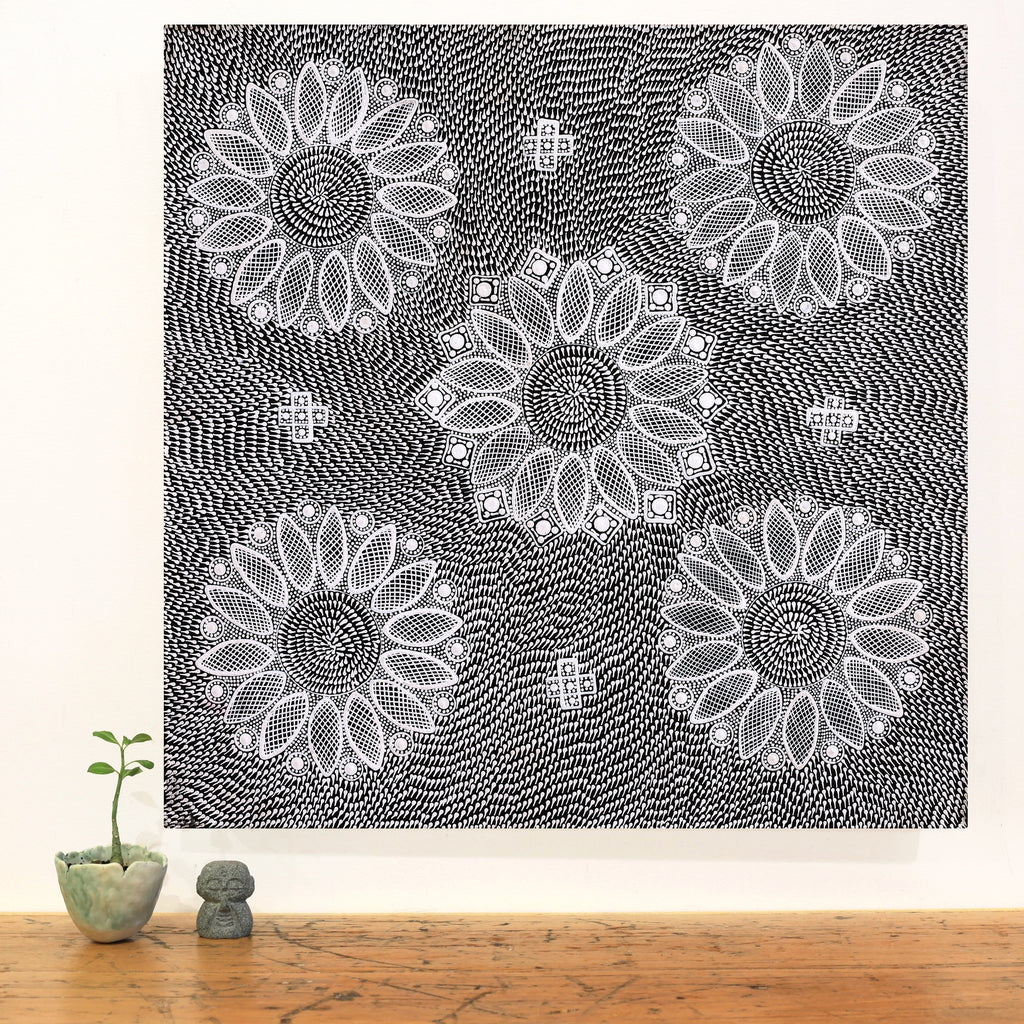 Aboriginal Artwork by Jocelyn Napanangka Frank, Lukarrara Jukurrpa (Desert Fringe-rush Seed Dreaming), 61x61cm
