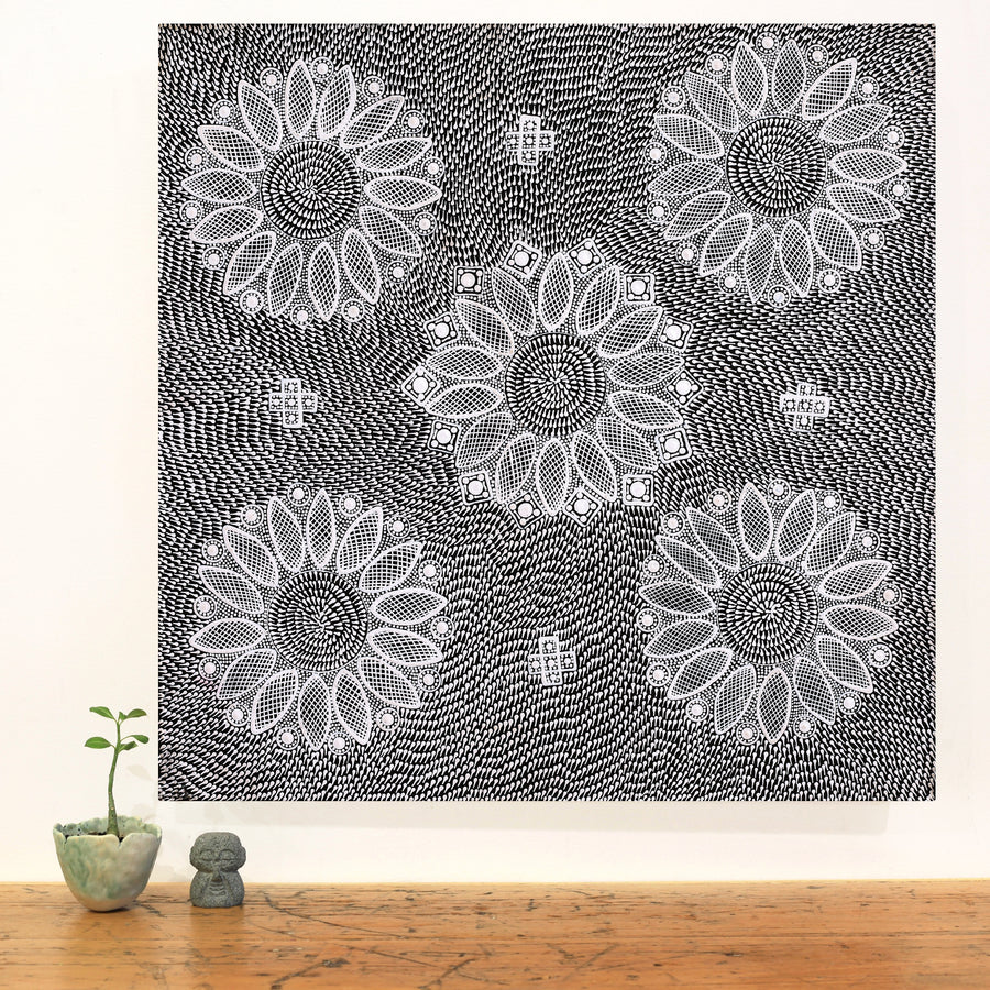 Aboriginal Artwork by Jocelyn Napanangka Frank, Lukarrara Jukurrpa (Desert Fringe-rush Seed Dreaming), 61x61cm