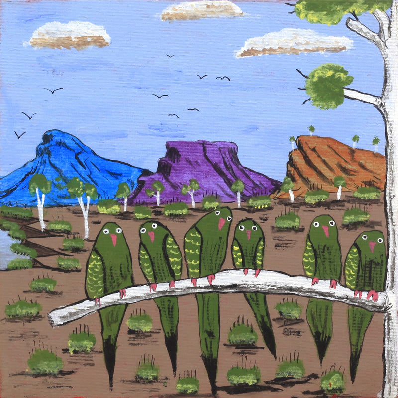 Aboriginal Artwork by Julie Napaljarri Kitson, Jurlpu kuja kalu nyinami Yurntumu-wana (Birds that live around Yuendumu), 30x30cm