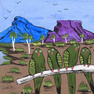 Aboriginal Artwork by Julie Napaljarri Kitson, Jurlpu kuja kalu nyinami Yurntumu-wana (Birds that live around Yuendumu), 30x30cm - ART ARK®