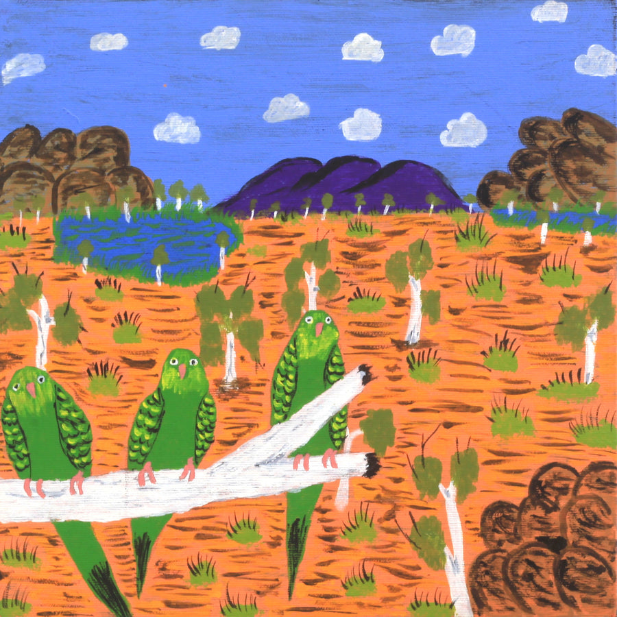 Aboriginal Artwork by Julie Napaljarri Kitson, Ngatijirri Jukurrpa (Budgerigar Dreaming), 30x30cm