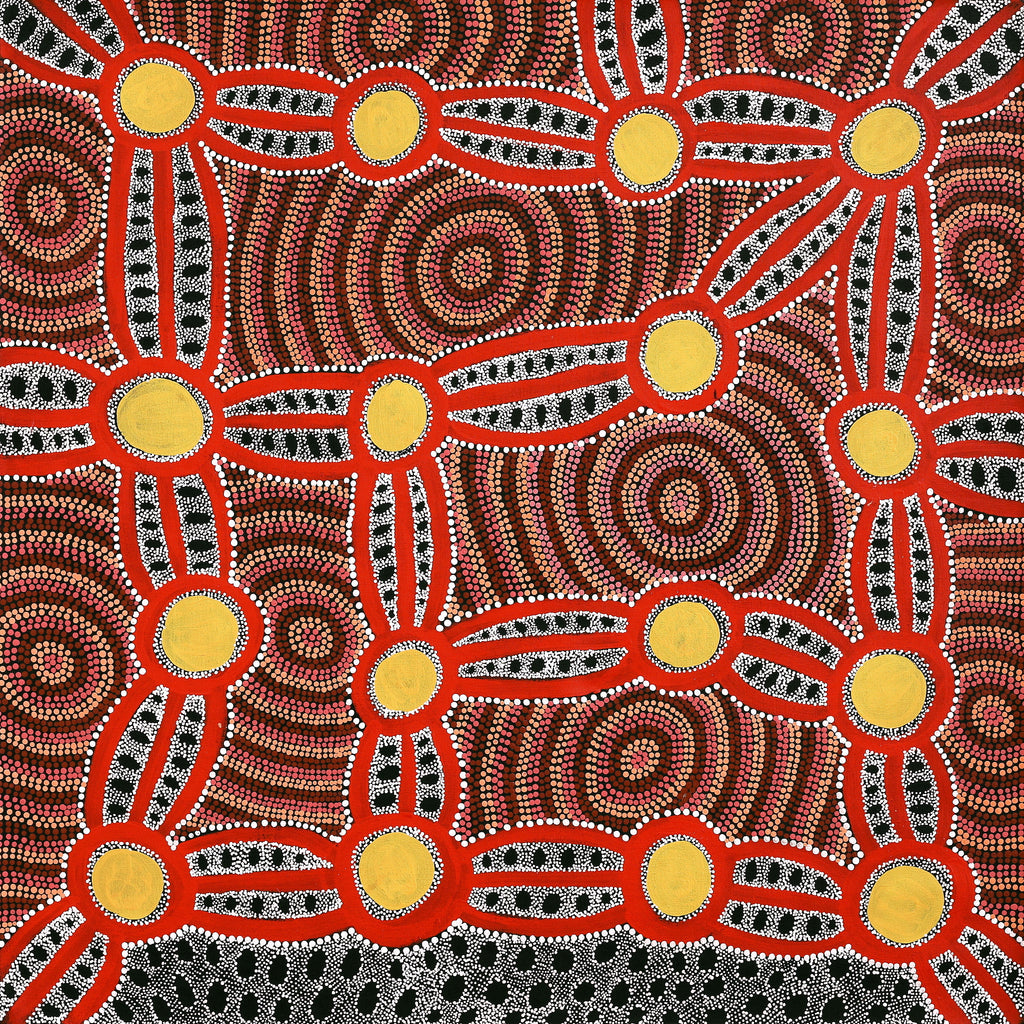 Aboriginal Art by Juliette Nakamarra Morris, Wanakiji Jukurrpa (Bush Tomato Dreaming), 107x107cm - ART ARK®