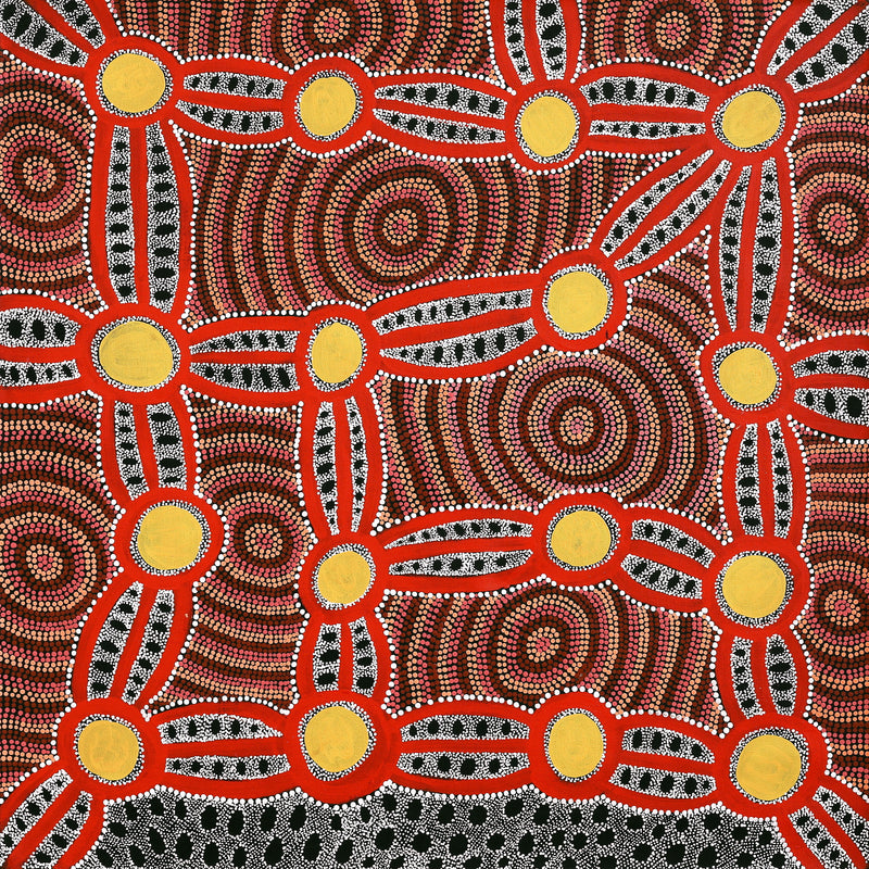 Aboriginal Art by Juliette Nakamarra Morris, Wanakiji Jukurrpa (Bush Tomato Dreaming), 107x107cm - ART ARK®