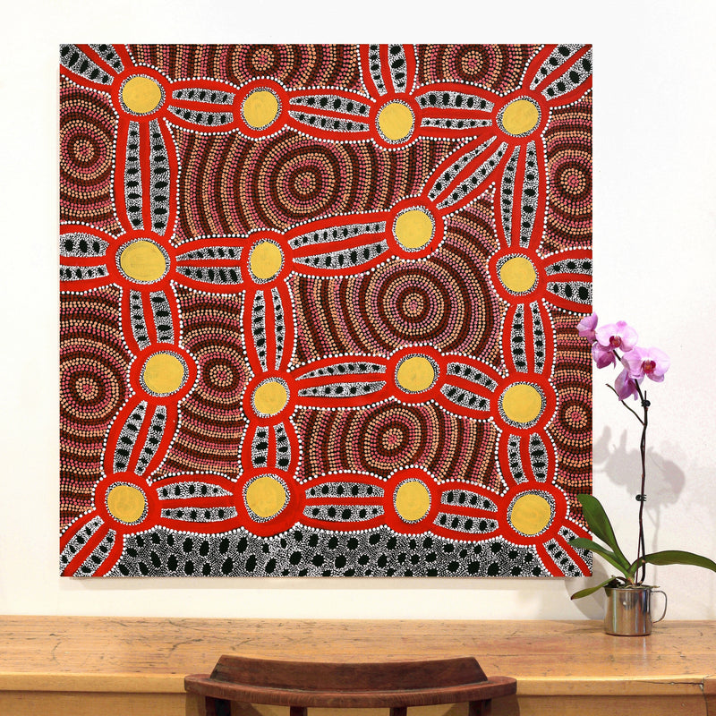 Aboriginal Art by Juliette Nakamarra Morris, Wanakiji Jukurrpa (Bush Tomato Dreaming), 107x107cm - ART ARK®