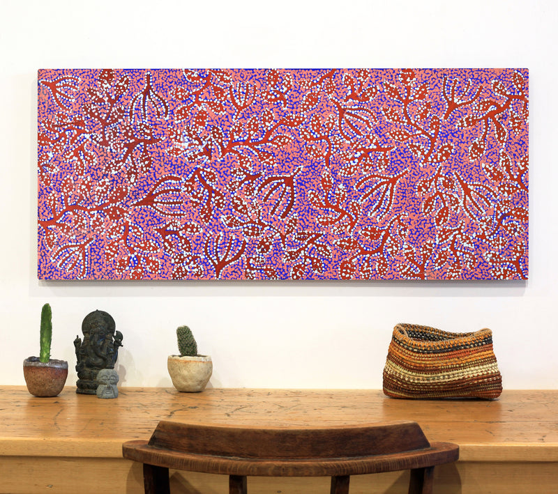 Aboriginal Artwork by Juliette Nampijinpa Brown, Ngapa Jukurrpa (Water Dreaming) - Mikanji, 107x46cm