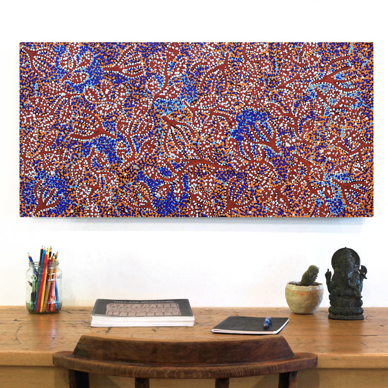 Aboriginal Artwork by Juliette Nampijinpa Brown, Ngapa Jukurrpa (Water Dreaming) - Mikanji, 91x46cm