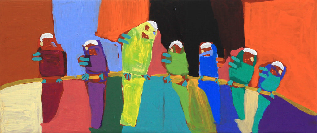 Aboriginal Artwork by Karen Napaljarri Barnes, Jurlpu kuja kalu nyinami Yurntumu-wana, 107x46cm