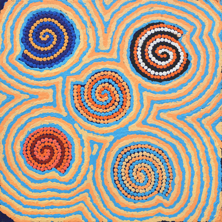 Aboriginal Artwork by Kathleen Napaljarri Doolon, Ngapa Jukurrpa (Water Dreaming) - Pirlinyarnu, 30x30cm