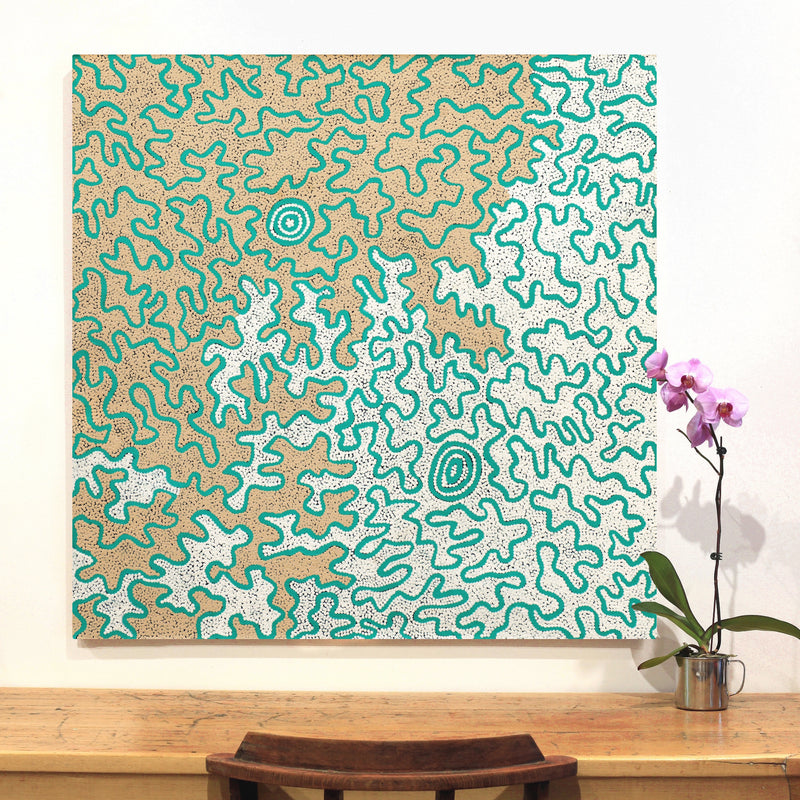 Aboriginal Artwork by Kelly-Anne Nungarrayi Gibson, Ngapa Jukurrpa (Water Dreaming) - Puyurru, 107x107cm