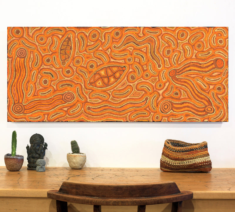 Aboriginal Artwork by Kelly Napanangka Michaels, Lappi Lappi Jukurrpa, 107x46cm