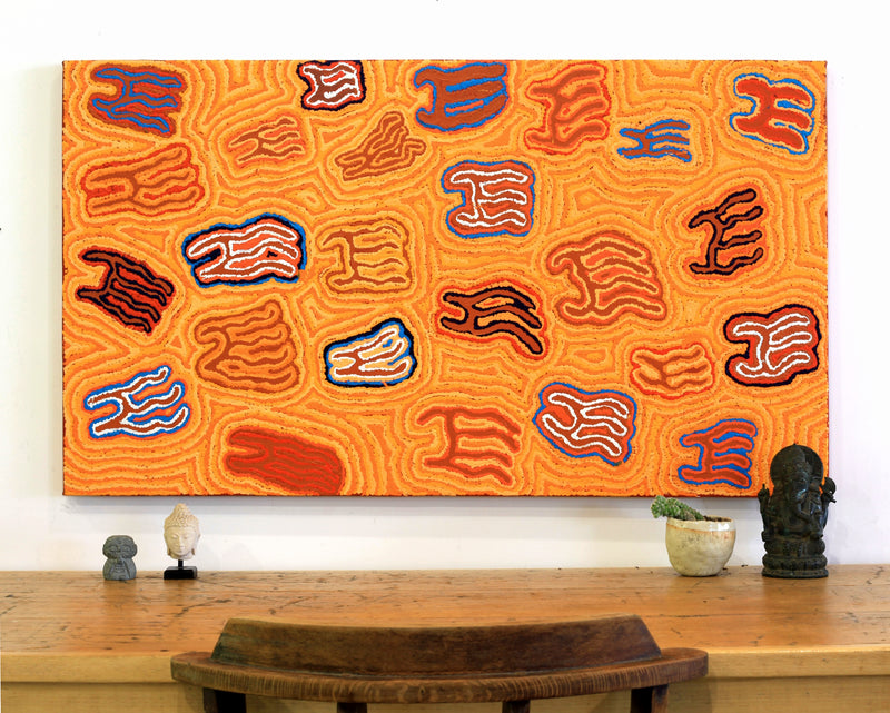 Aboriginal Artwork by Kelly Napanangkai Michaels, Majardi Jukurrpa (Hair-string Belt Dreaming) 107x61cm