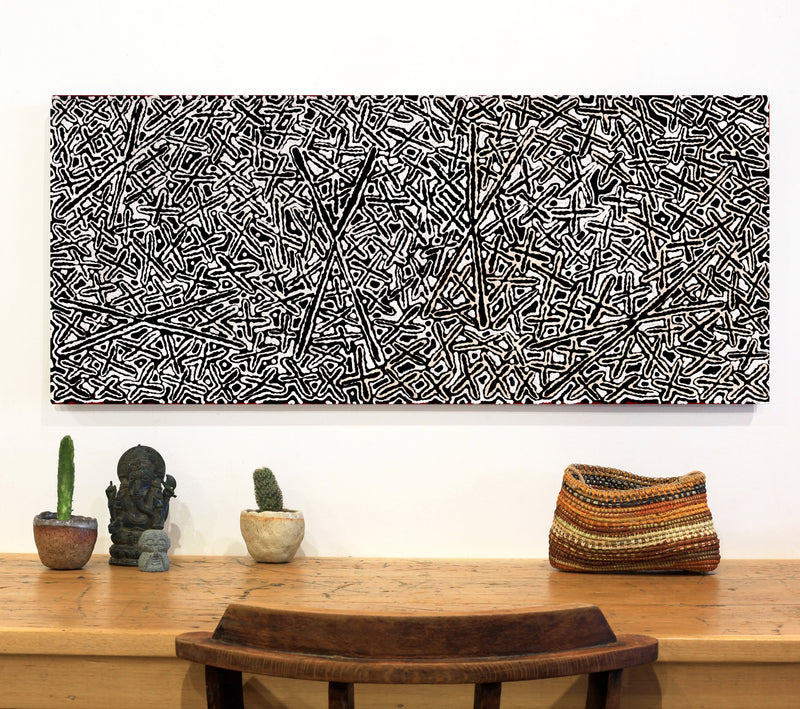 Aboriginal Artwork by Kenneth Jungarrayi Martin, Ngatijirri Jukurrpa (Budgerigar Dreaming), 107x46cm