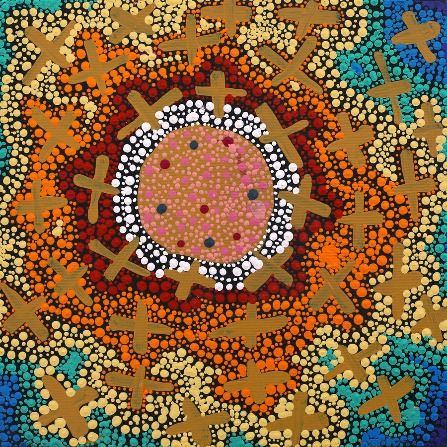 Aboriginal Artwork by Kershini Napaljarri Collins, Ngatijirri Jukurrpa (Budgerigar Dreaming), 30x30cm