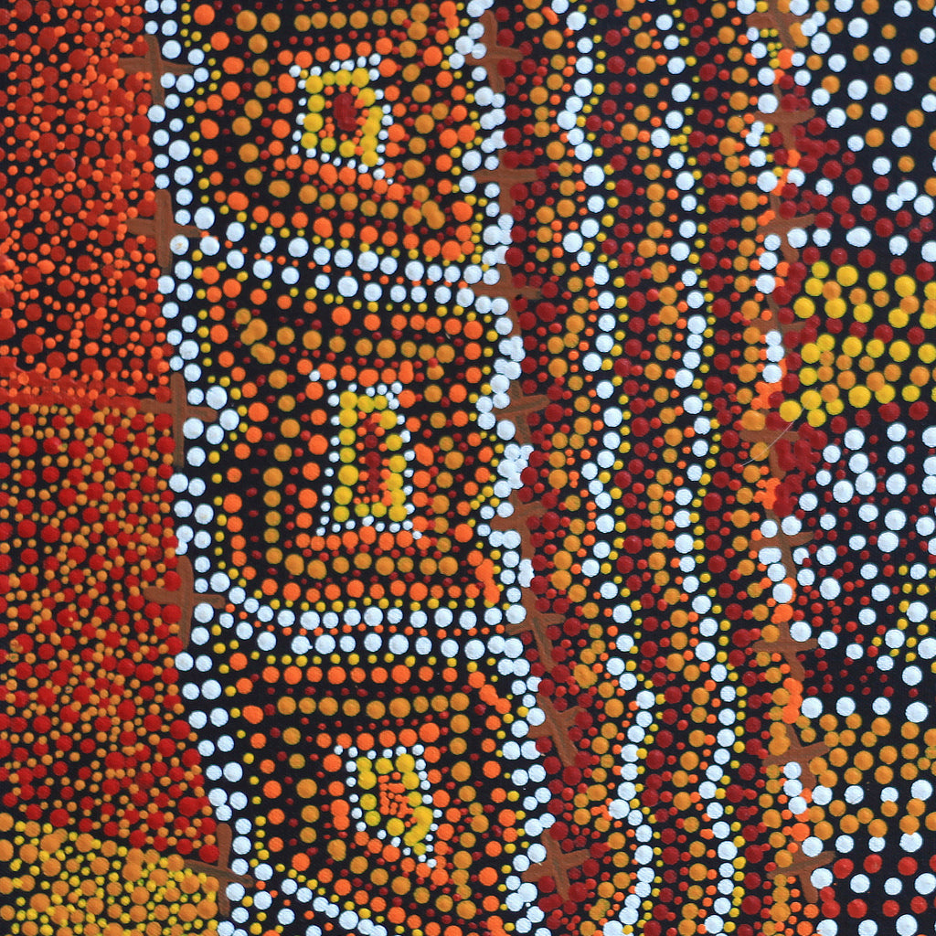 Aboriginal Artwork by Kershini Napaljarri Collins, Ngatijirri Jukurrpa (Budgerigar Dreaming), 46x46cm