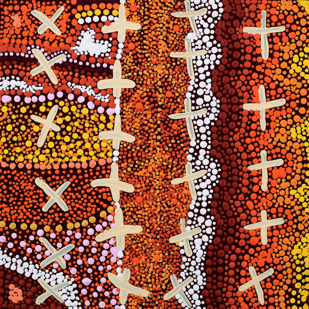 Aboriginal Artwork by Kershini Napaljarri Collins, Ngatijirri Jukurrpa (Budgerigar Dreaming), 30x30cm