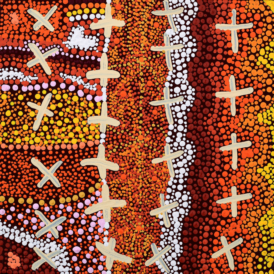 Aboriginal Artwork by Kershini Napaljarri Collins, Ngatijirri Jukurrpa (Budgerigar Dreaming), 30x30cm