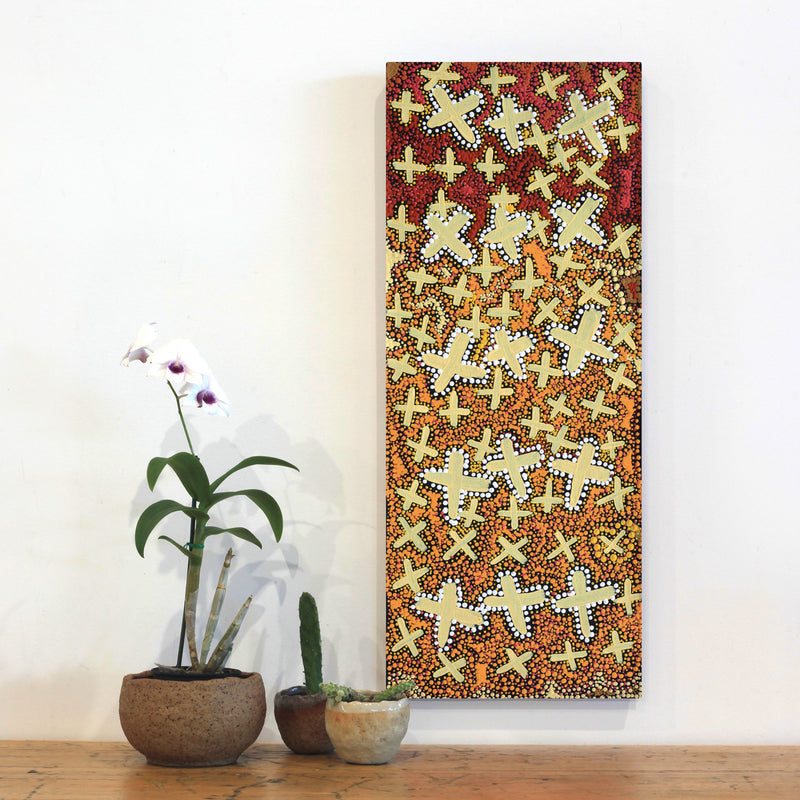 Aboriginal Artwork by Kershini Napaljarri Collins, Ngatijirri Jukurrpa (Budgerigar Dreaming), 76x30cm